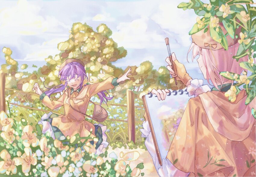 2girls, :d, ^_^, bag, beret, brown_bag, brown_hat, closed_eyes, closed_mouth, cloud, cloudy_sky, collared_dress, commentary_request, day, dress, flower, frilled_dress, frills, grey_hair, hair_flower, hair_ornament, handbag, hat, highres, holding, holding_paintbrush, holding_sketchbook, hoshiji, light_particles, link!_like!_love_live!, long_hair, long_sleeves, love_live!, low_twintails, lower_teeth_only, multicolored_hair, multiple_girls, official_alternate_costume, open_mouth, otomune_kozue, outdoors, outstretched_arm, paintbrush, painter_(stereotype), painting_(object), purple_hair, red_hair, rose, short_hair, shuushoku_country_road_(love_live!), sidelocks, sketchbook, sky, smile, streaked_hair, teeth, tree, twintails, virtual_youtuber, yellow_dress, yellow_flower, yellow_rose, yugiri_tsuzuri