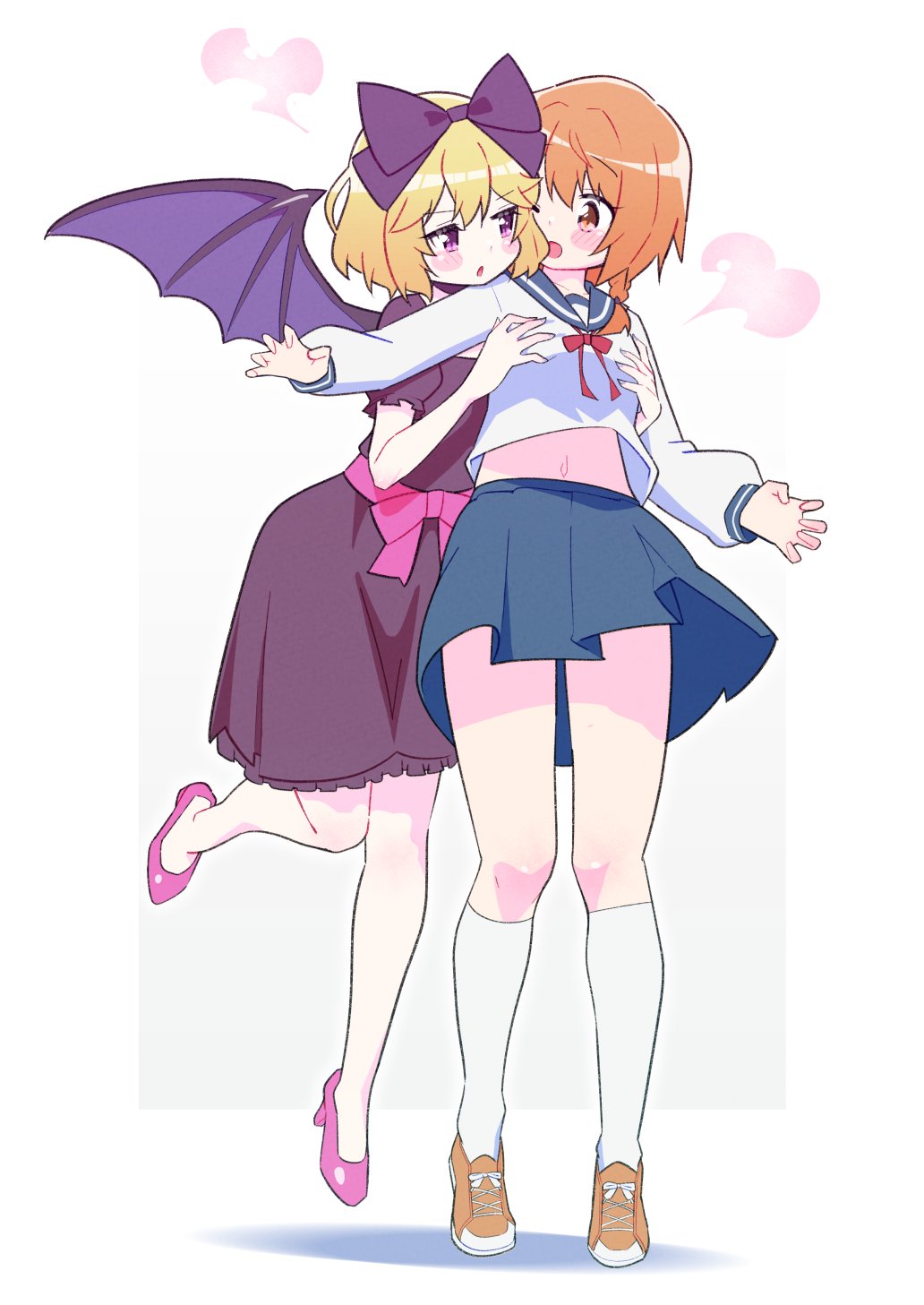 2girls, aly_(eshikidori), bat_wings, blonde_hair, blue_skirt, blush_stickers, breasts, brown_eyes