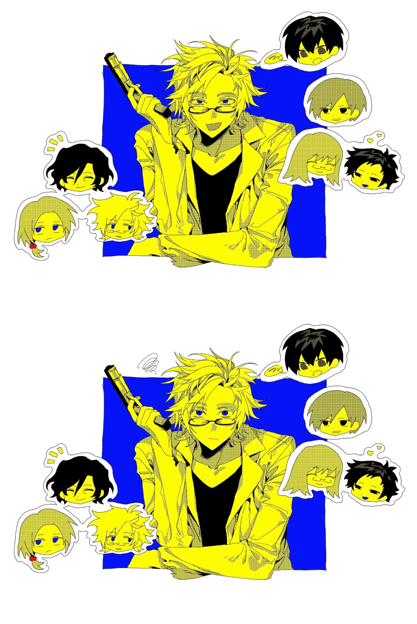 2girls, 5boys, absurdres, aiba_yuusuke, blue_eyes, chibi, chibi_inset, chinese_commentary, closed_eyes, closed_mouth, commentary_request, enomoto_noa, frown, glasses, gun, hair_between_eyes, hair_bobbles, hair_ornament, handgun, heart, highres, holding, holding_gun, holding_weapon, jabuchi_you, kanou_aogu, low_ponytail, monochrome, multiple_boys, multiple_girls, niimi_kazuya, open_mouth, ordnung, ponytail, saibou_shinkyoku, short_hair, side_ponytail, smile, spot_color, squiggle, tanaka_yuki, utsugi_noriyuki, weapon