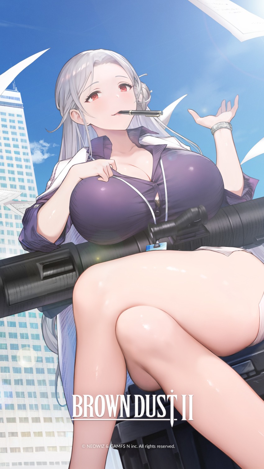 1girl, adjusting_clothes, ass, bra, bra_peek, bracelet, breasts, brown_dust_(series)