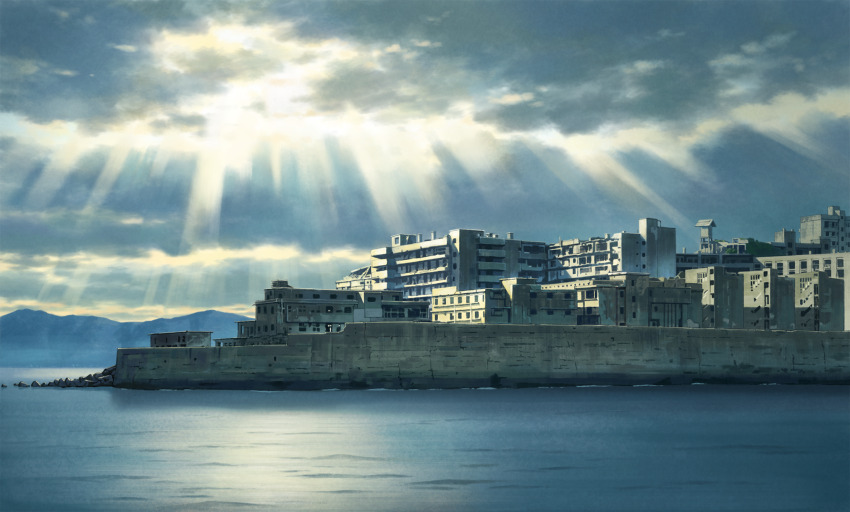 building, cloud, cloudy_sky, commentary_request, day, hariken, hashima_island, highres