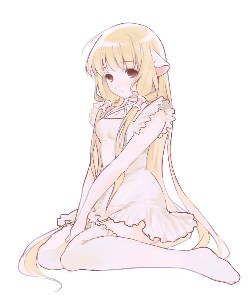 1girl, between_legs, blonde_hair, blunt_bangs, breasts, brown_eyes, chii, chobits