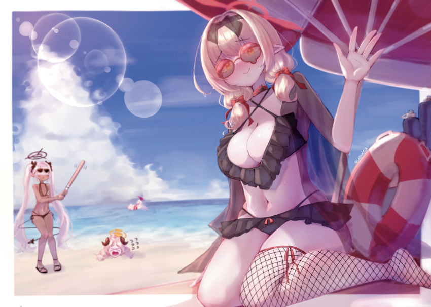 4girls, absurdres, baseball_bat, bikini, blue_archive, blue_sky, carmi11la, chinatsu_(blue_archive), dark-skinned_female, dark_skin, fishnet_thighhighs, fishnets, full_body, halo, hanako_(blue_archive), hanako_(swimsuit)_(blue_archive), highres, hina_(blue_archive), hina_(swimsuit)_(blue_archive), iori_(blue_archive), iori_(swimsuit)_(blue_archive), izumi_(blue_archive), looking_at_viewer, multiple_girls, ocean, sitting, sky, sunglasses, swimsuit, thighhighs