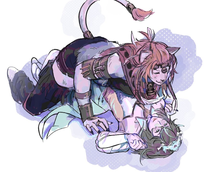 2girls, animal_ears, armlet, brown_hair, dress, esshemasha, final_fantasy, final_fantasy_xiv, fingernails, furry, furry_with_non-furry, highres, hrothgar, hyur, interspecies, jewelry, lion_ears, lion_girl, lion_tail, multiple_girls, orange_hair, pinned, sharp_fingernails, smile, sphene_(ff14), tail, tail_ornament, tail_ring, tiara, wuk_lamat, yuri