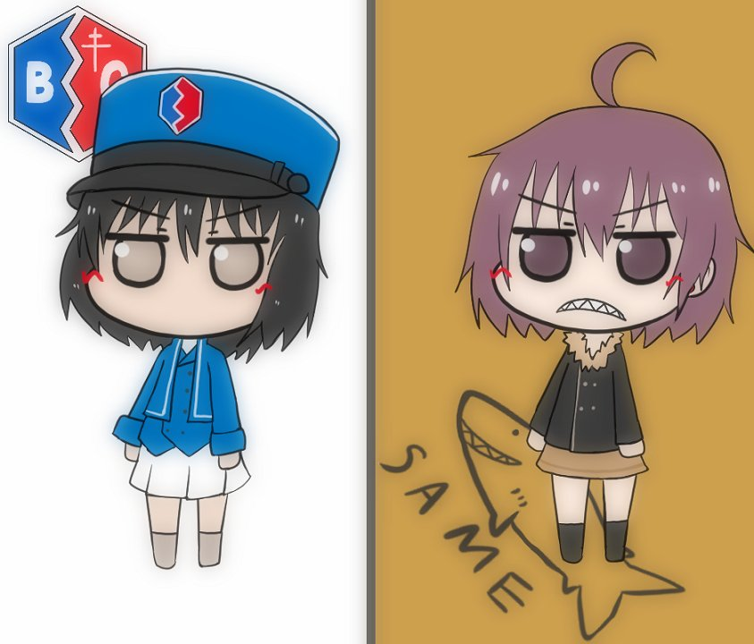 2girls, ahoge, andou_(girls_und_panzer), angry, bc_freedom_(emblem), bc_freedom_military_uniform, bellwall_military_uniform, black_hair