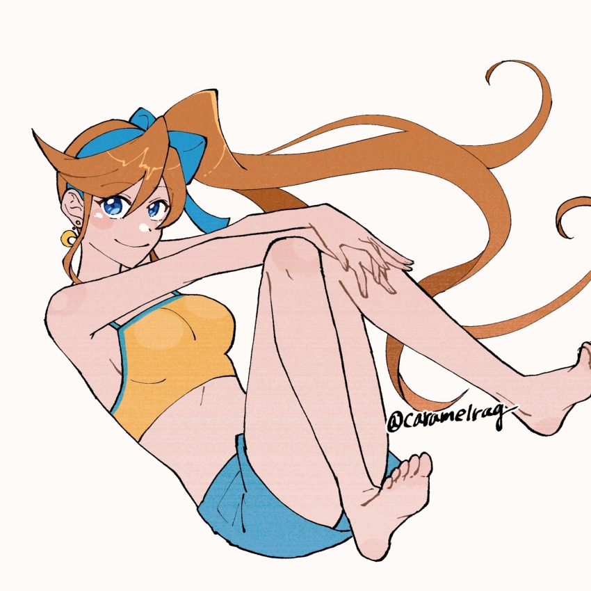 1girl, ace_attorney, athena_cykes, barefoot, blue_eyes, blue_shorts, camisole, caramelrag