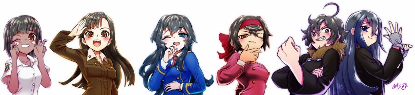 absurdres, ahoge, aung_(girls_und_panzer), bellwall_military_uniform, black_hair, blue_hair, blue_jacket, brown_hair