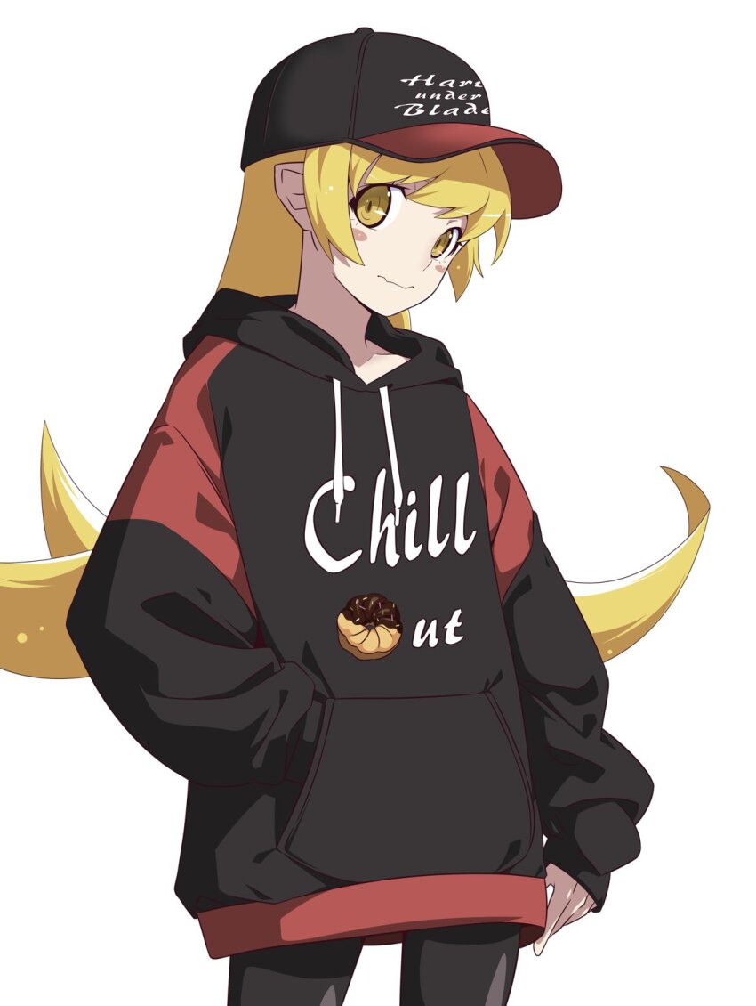 1girl, alternate_costume, anime_coloring, arm_at_side, baseball_cap, black_hat, black_hoodie, black_pantyhose, blonde_hair, blush_stickers, casual, child, closed_mouth, clothes_writing, collarbone, color_coordination, commentary_request, cowboy_shot, drip_(meme), english_text, engrish_text, fang, fang_out, fashion, flat_chest, food_print, guchiknight, hand_in_pocket, hat, highres, hood, hood_down, hoodie, light_smile, long_hair, looking_at_viewer, meme, monogatari_(series), nearly_naked_hoodie, nisemonogatari, oshino_shinobu, pantyhose, ranguage, red_hat, red_hoodie, sideways_glance, simple_background, skin_fang, solo, standing, streetwear, two-tone_hat, two-tone_hoodie, wavy_mouth, white_background, yellow_eyes