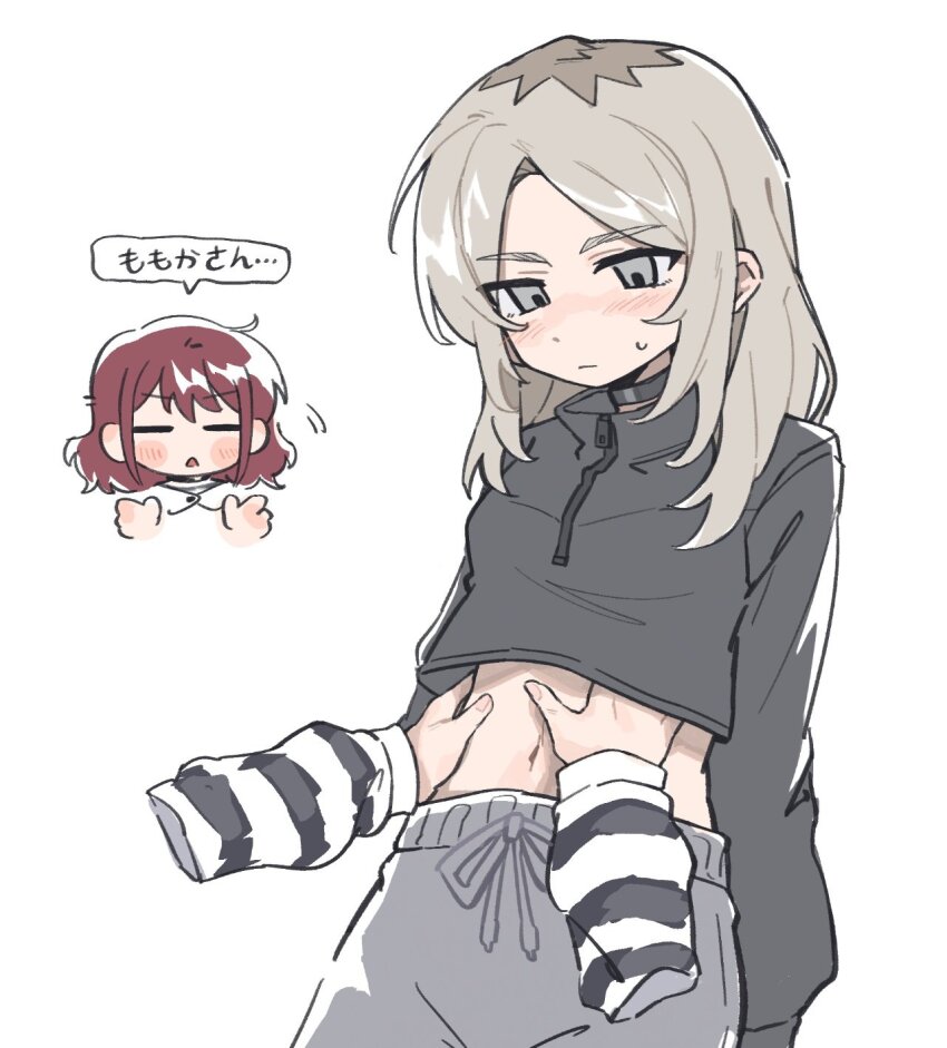 2girls, black_jacket, blush, closed_eyes, closed_mouth, commentary, girls_band_cry, grey_eyes