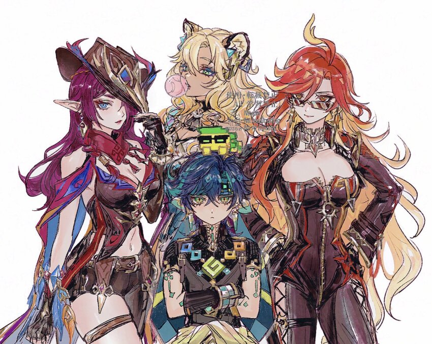 1boy, 3girls, 756zl, ahoge, ajaw_(genshin_impact), biker_clothes, bikesuit, black_bodysuit, blonde_hair, blue_eyes, bodysuit, breasts, chasca_(genshin_impact), chewing_gum, cleavage, earrings, elf, genshin_impact, hat, height_difference, highres, jewelry, kinich_(genshin_impact), long_hair, long_sleeves, mavuika_(genshin_impact), multicolored_hair, multiple_girls, nail_polish, orange_eyes, orange_hair, pointy_ears, red_hair, short_male, two-tone_hair, very_long_hair, xilonen_(genshin_impact)