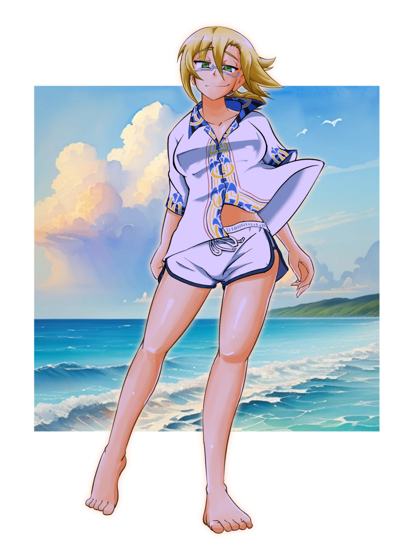 1girl, alternate_costume, barefoot, beach, blonde_hair, blue_collar, breasts, collar