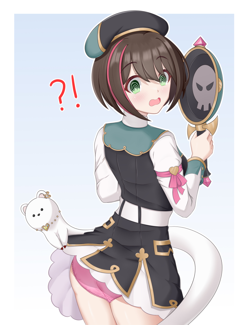 1girl, @_@, absurdres, belt, beret, black_dress, brown_hair, clothes_lift