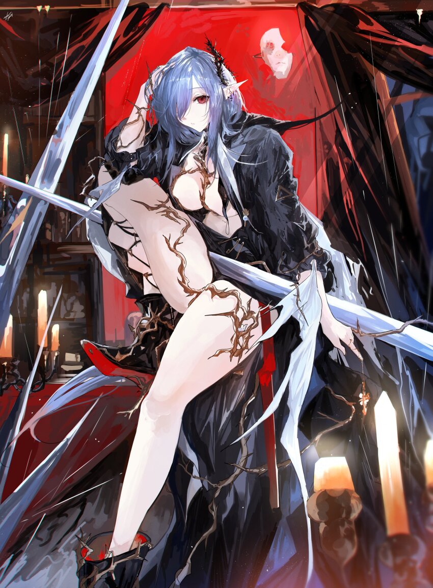 1girl, absurdres, arknights, bare_legs, blue_eyes, breasts, cleavage, closed_mouth