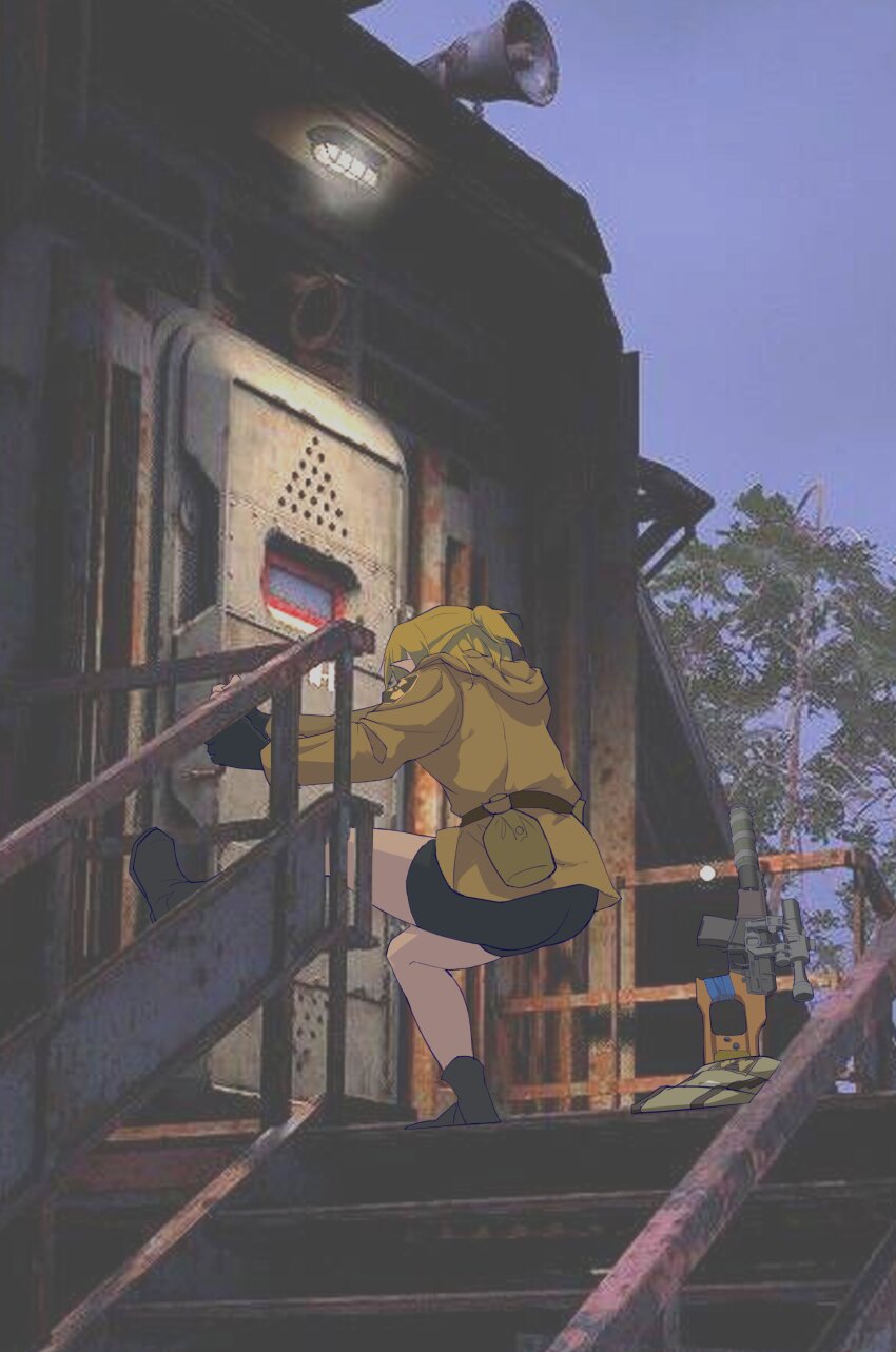 1girl, absurdres, backpack, bag, belt, blonde_hair, brown_jacket, bunker