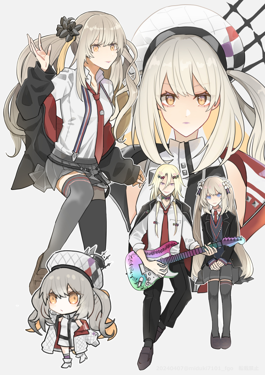 1boy, 2girls, absurdres, amatsuka_(fate), arm_up, bare_shoulders, black_pants, black_skirt