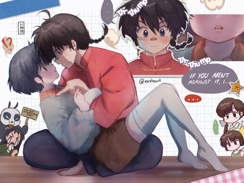 !?, ..., 3boys, 3girls, apron, bandaid, bandaid_on_face, bandaid_on_nose