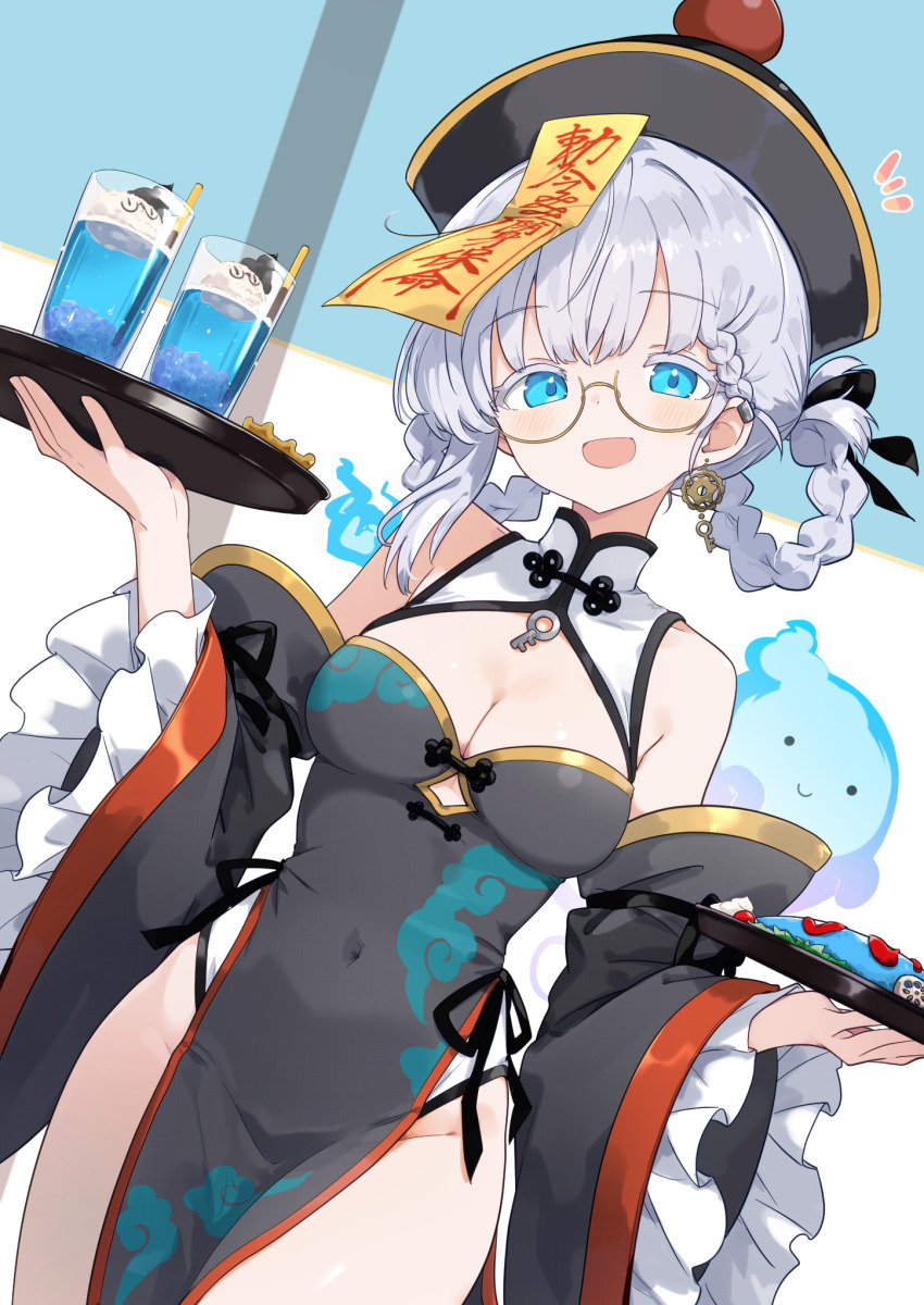 1girl, black_dress, black_hat, black_ribbon, black_sleeves, blue_eyes, braid, breasts