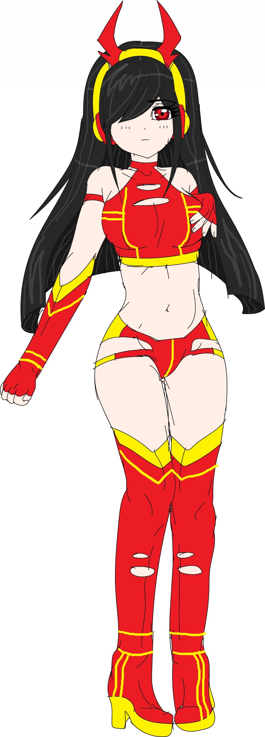 absurdres, black_hair, demon_horns, headphones, highres, horns, long_hair, non-web_source, red_eyes, revealing_clothes, sexy_outfit