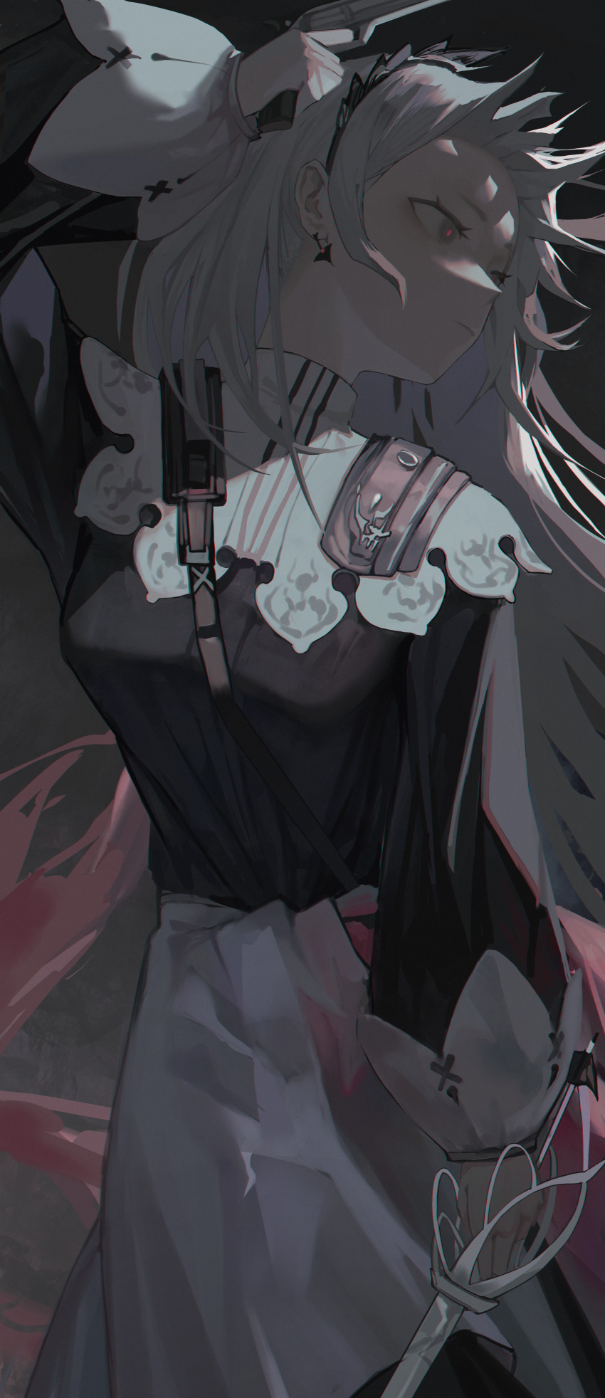1girl, absurdres, arknights, asymmetrical_dual_wielding, black_jacket, breasts, capelet, dual_wielding