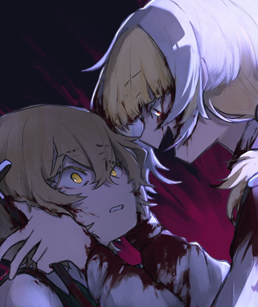 1boy, 1girl, absurdres, blonde_hair, blood, clenched_teeth, crazy_smile, eye_contact