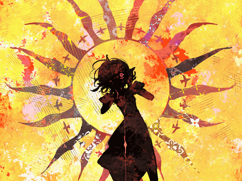 1girl, animated, animated_gif, bare_arms, bird, black_background, blood, bloody_tears, chinese_commentary, collared_dress, commentary_request, cowboy_shot, dress, emphasis_lines, epilepsy_warning, fukurou_(linxiao_2024), hands_on_own_face, highres, injury, one_eye_closed, orange_background, original, parted_lips, puffy_short_sleeves, puffy_sleeves, red_eyes, sharp_teeth, short_dress, short_hair, short_sleeves, silhouette, solo, sun_symbol, teeth, yellow_background