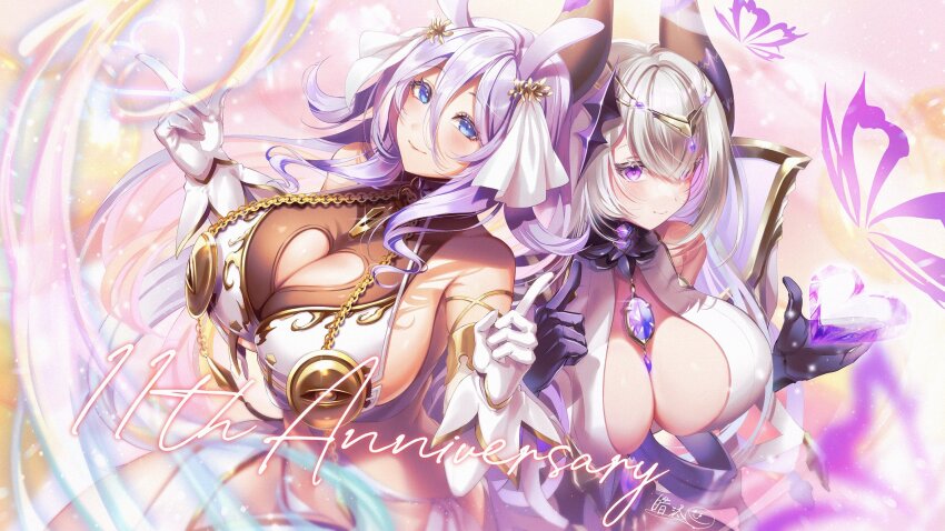 2girls, anniversary, armpit_crease, bare_shoulders, black_gloves, blue_eyes, blush, breasts, bug, butterfly, chain, cleavage, cleavage_cutout, clothing_cutout, commentary, crystal, gloves, gold_chain, hair_between_eyes, halterneck, headpiece, heart, heart_cutout, highres, holding, holding_heart, horns, huge_breasts, imlau_(sennen_sensou_aigis), index_finger_raised, insect, jewelry, large_breasts, light_particles, long_hair, looking_at_viewer, morfessa_(sennen_sensou_aigis), multiple_girls, pendant, pink_background, purple_butterfly, purple_eyes, purple_hair, sennen_sensou_aigis, side-by-side, sideboob, siro_1126, smile, white_gloves, white_hair
