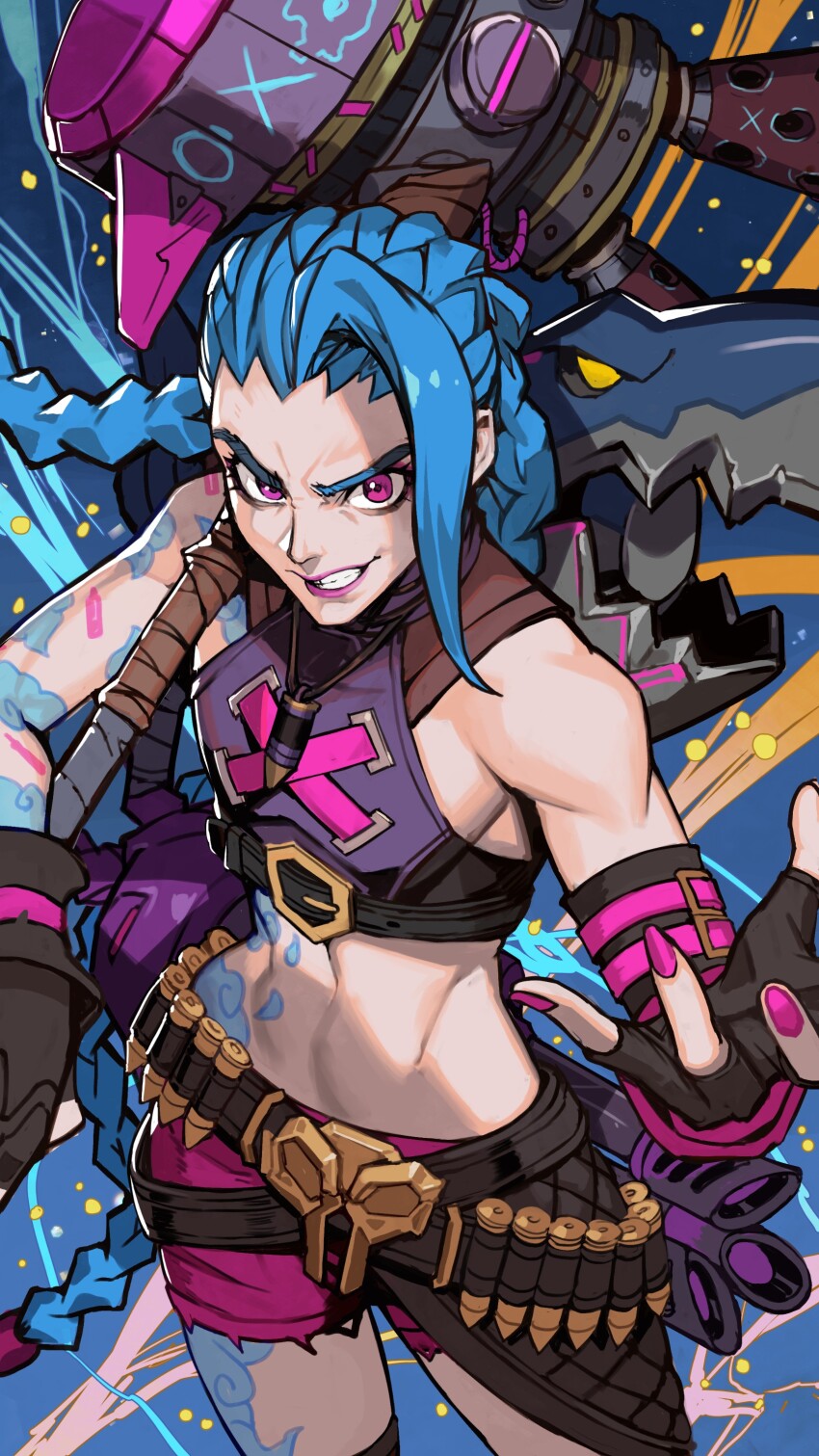 1girl, 2xko, absurdres, arm_tattoo, asymmetrical_bangs, braid, bullet, bullet_necklace