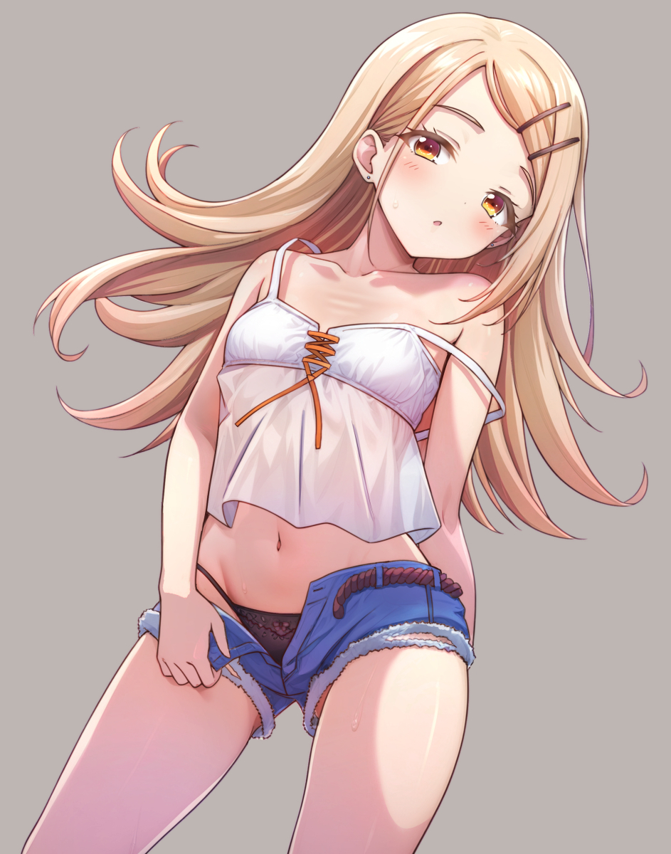 1girl, black_panties, blonde_hair, blush, breasts, camisole, collarbone, colored_eyelashes