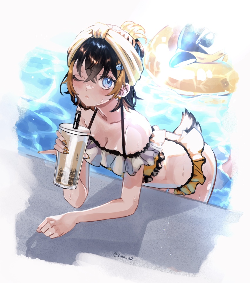1girl, absurdres, bikini, bird, black_hair, blue_eyes, breasts, bubble_tea