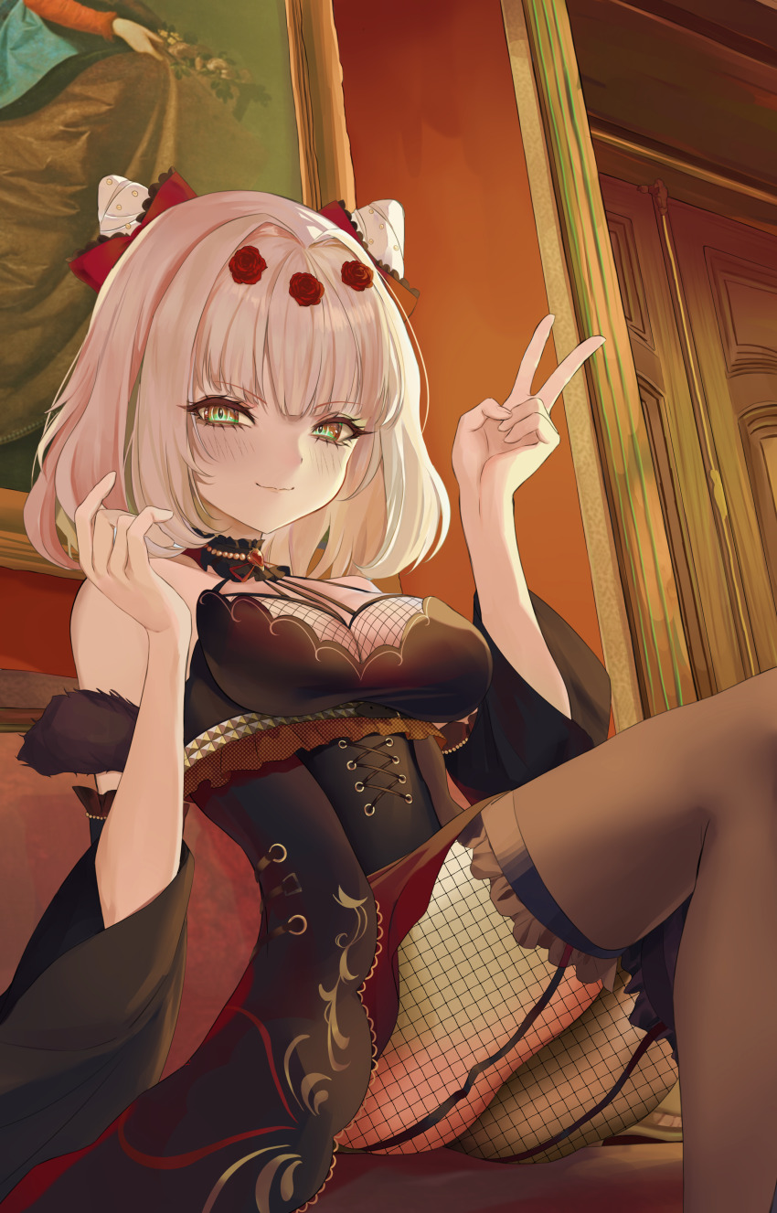 1girl, absurdres, arm_strap, arms_up, bare_shoulders, black_collar, black_dress, black_pantyhose