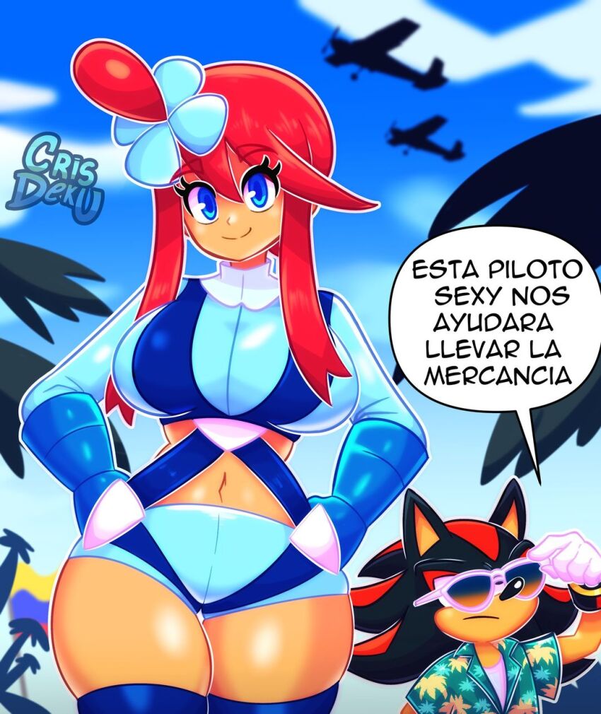 1girl, 2024_pokemon_teraleak, aircraft, airplane, blue_eyes, blue_sky, breasts, cloud, colombian_flag, crisdeku1, crop_top, crossed_arms, crossover, dark-skinned_female, dark_skin, drug_dealer, hawaiian_shirt, highres, i_just_love_latinas_sonic_(meme), large_breasts, long_sleeves, nintendo, pokemon, pokemon_black_and_white, red_hair, shadow_the_hedgehog, shirt, shorts, sky, skyla_(pokemon), sonic_(series), spanish_text, sunglasses, wide_hips