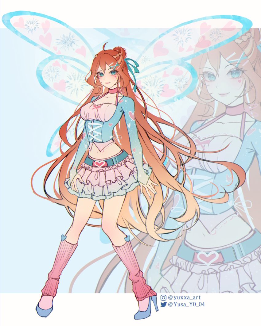 1girl, ahoge, artist_name, believix, bloom_(winx_club), blue_eyes, blue_footwear, braid, choker, closed_mouth, commentary, derivative_work, english_commentary, fairy, gradient_hair, ha_yusa, heart, heart_print, high_heels, highres, instagram_logo, instagram_username, leggings, long_hair, long_sleeves, looking_at_viewer, magical_girl, multicolored_hair, multiple_views, navel, orange_hair, pink_choker, skirt, twitter_logo, twitter_username, two-tone_skirt, wings, winx_club