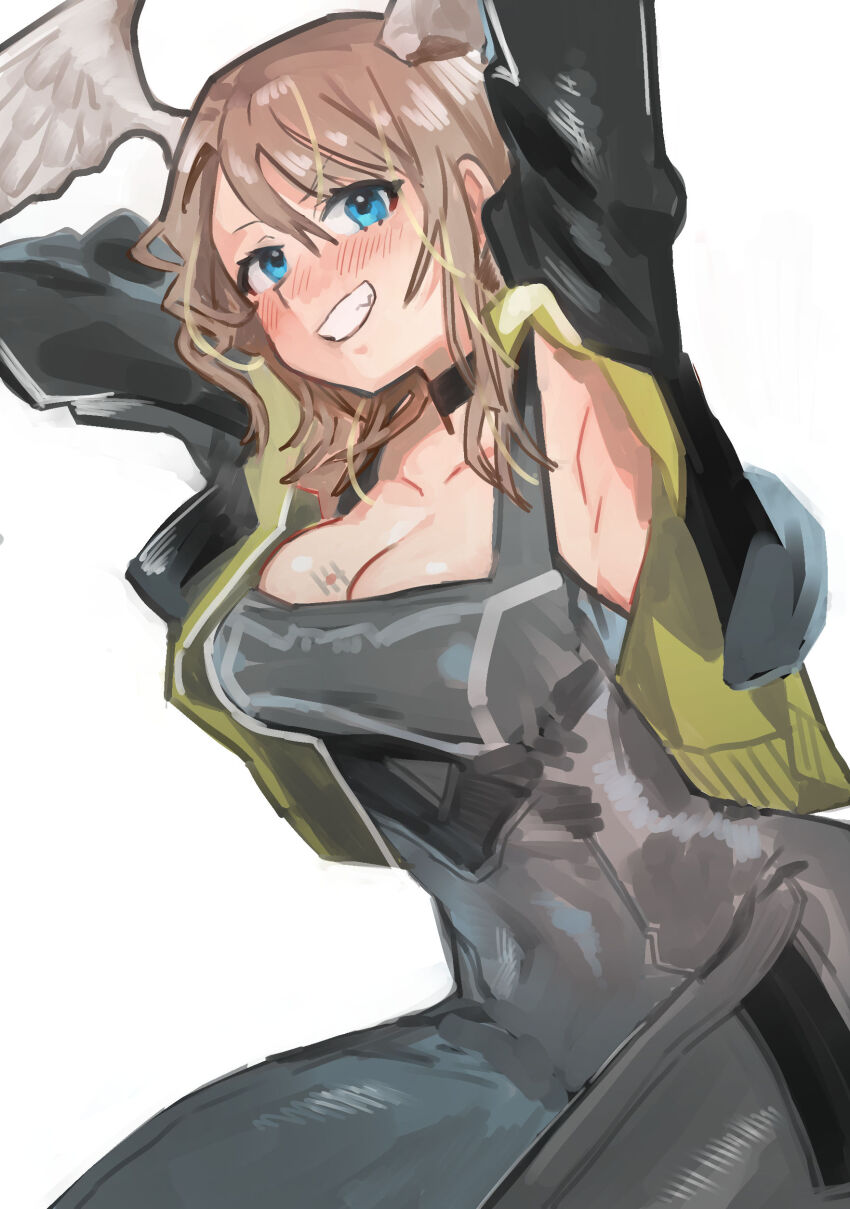 1girl, absurdres, armpits, arms_up, black_bodysuit, black_choker, black_jacket, blue_eyes