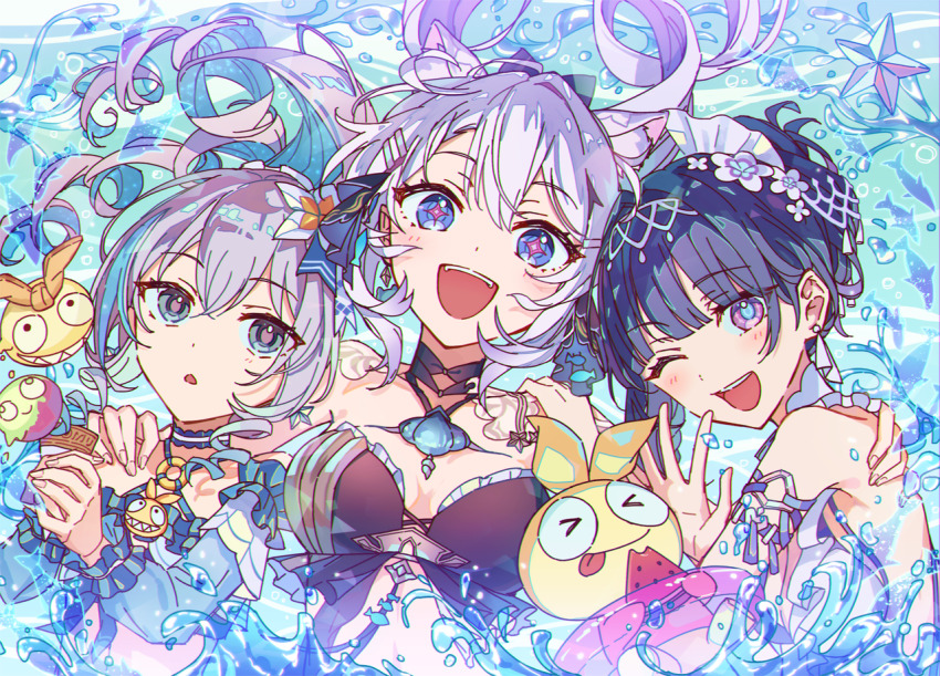 3girls, ;d, animal_ears, bikini, blue_eyes, breasts, bronya_zaychik, bronya_zaychik_(herrscher_of_truth)