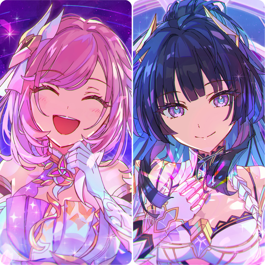 2, :d, ^_^, bare_shoulders, black_hair, blue_hair, blush, breasts