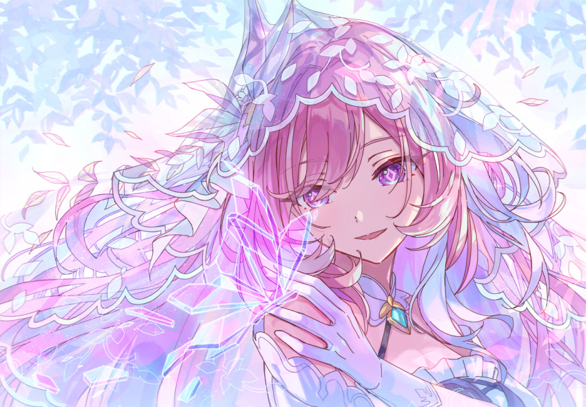 1girl, alternate_costume, bare_shoulders, bridal_veil, commentary, diamond-shaped_pupils, diamond_(shape), elysia_(herrscher_of_human:_ego)_(honkai_impact)