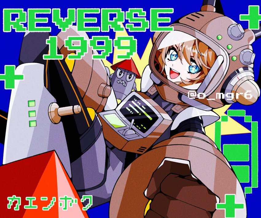 1girl, :d, arm_cannon, armored_boots, battery_indicator, blue_background, blue_eyes, boots