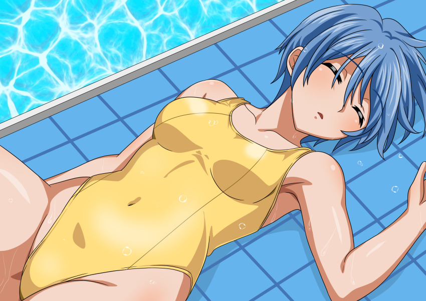 1girl, blue_eyes, breasts, closed_eyes, collarbone, competition_swimsuit, cowboy_shot, highres