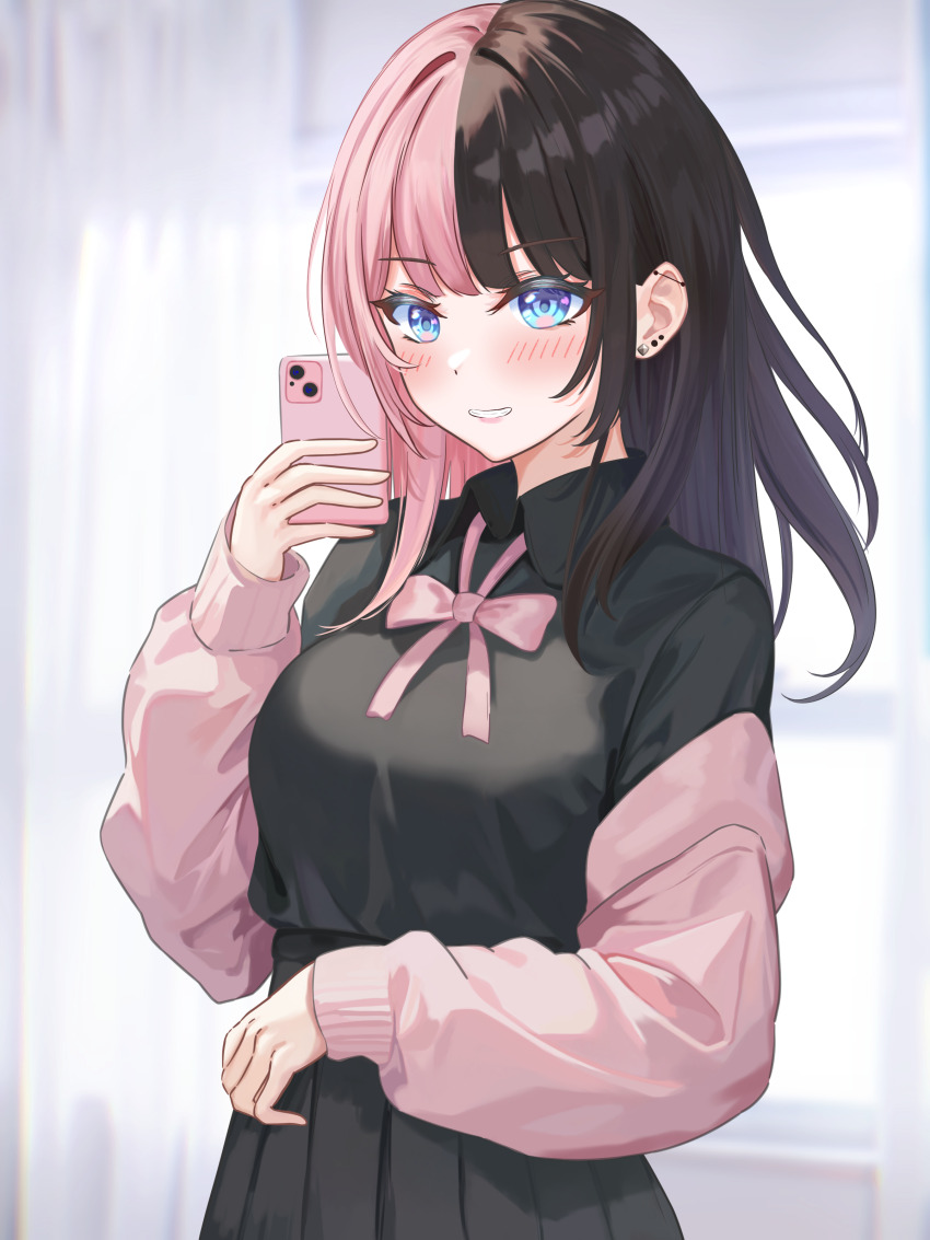 1girl, 428_(user_uzpe7478), absurdres, black_shirt, black_skirt, blue_eyes, blush, bow