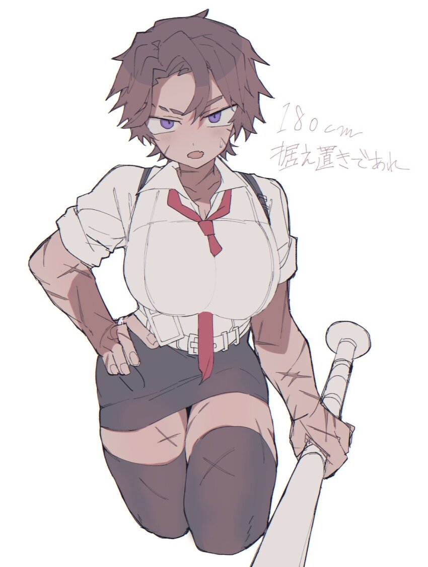 1girl, baseball_bat, between_breasts, black_skirt, black_thighhighs, breasts, brown_hair, clothes_between_breasts