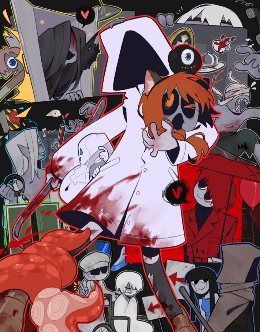 4girls, 6+boys, absurdres, black_hair, black_sclera, black_socks, blood, blood_on_clothes, blue_eyes, braid, brown_footwear, chlorenw, coat, colored_sclera, corded_phone, cup, elbow_gloves, glitch, gloves, heart, adashino_adami, highres, holding, holding_syringe, homicipher, lamp, loafers, long_hair, mr._crawling, mr._gap, mr._hood, mr._hugeface, mr._machete, mr._silvair, mr._stitch, mr._wheelchair, mr_scarletella, ms._blue-clad, ms._nurse, multiple_boys, multiple_girls, nurse, one_eye_closed, open_mouth, orange_hair, petting, phone, plate, raincoat, red_coat, red_eyes, red_hair, red_umbrella, shoes, smile, socks, speech_bubble, syringe, teacup, tentacles, the_bride_(homicipher), umbrella, veil, very_long_hair, wheelchair, white_gloves, white_hair, white_raincoat, white_veil