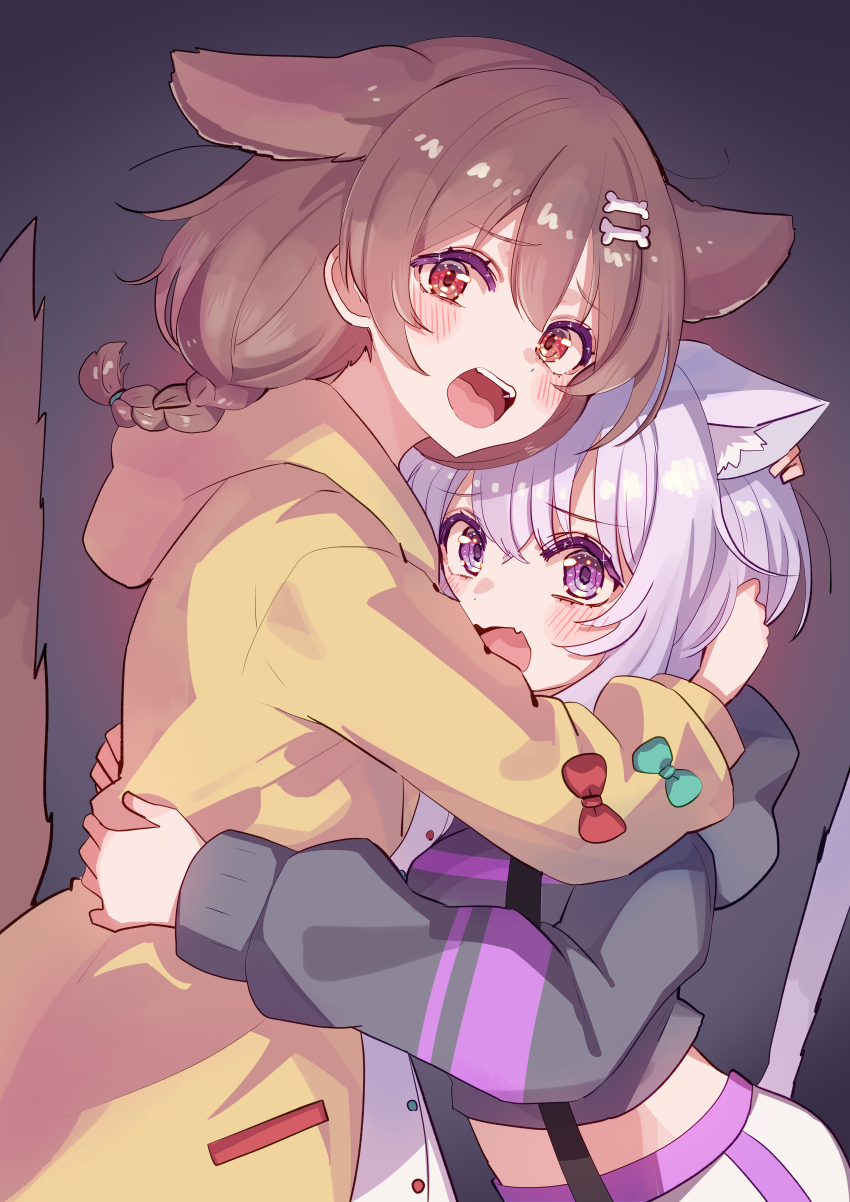 2girls, :o, absurdres, animal_ear_fluff, animal_ears, arms_around_neck, arms_around_another's_waist, black_hoodie, blush, bone_hair_ornament, bow, braid, breasts, brown_eyes, brown_hair, cat_ears, cat_girl, cat_tail, commentary, cropped_hoodie, dog_ears, dog_girl, dog_tail, dress, eyelashes, face-to-face, fang, from_side, green_bow, grey_background, hair_between_eyes, hair_ornament, hairclip, heads_together, height_difference, highres, hololive, hood, hood_down, hoodie, hug, inugami_korone, inugami_korone_(1st_costume), jacket, jacket_bow, long_sleeves, looking_at_viewer, looking_to_the_side, loose_hair_strand, medium_breasts, medium_hair, multiple_girls, nanado_shion, nekomata_okayu, nekomata_okayu_(1st_costume), open_mouth, pants, purple_eyes, purple_hair, purple_trim, raised_eyebrows, red_bow, scared, short_hair, shouting, side_braid, skin_fang, sparkling_eyes, tail, tail_raised, teeth, track_pants, upper_body, upper_teeth_only, virtual_youtuber, white_dress, white_pants, yellow_jacket