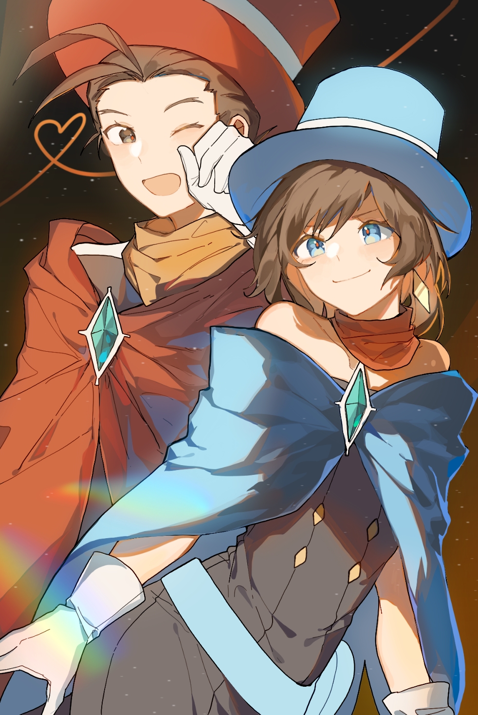 1boy, 1girl, :d, ace_attorney, antenna_hair, apollo_justice, apollo_justice:_ace_attorney, bare_shoulders, blue_cape, blue_eyes, blue_hat, brown_eyes, brown_hair, cape, commentary_request, cosplay, dress, earrings, gloves, hat, heart, highres, jewelry, koiryuuga, long_hair, one_eye_closed, open_mouth, red_scarf, scarf, short_hair, smile, strapless, strapless_dress, top_hat, trucy_wright, trucy_wright_(cosplay), upper_body, white_gloves