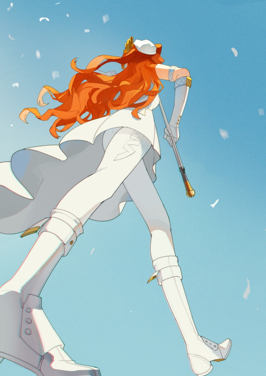 1girl, absurdres, beret, blue_background, boots, dress, eden_(shengaoneng), facing_away