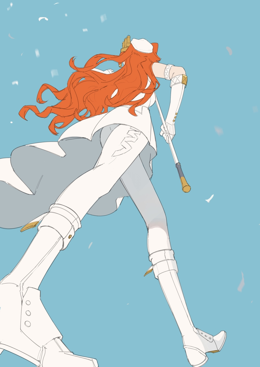 1girl, absurdres, beret, blue_background, boots, dress, eden_(shengaoneng), facing_away