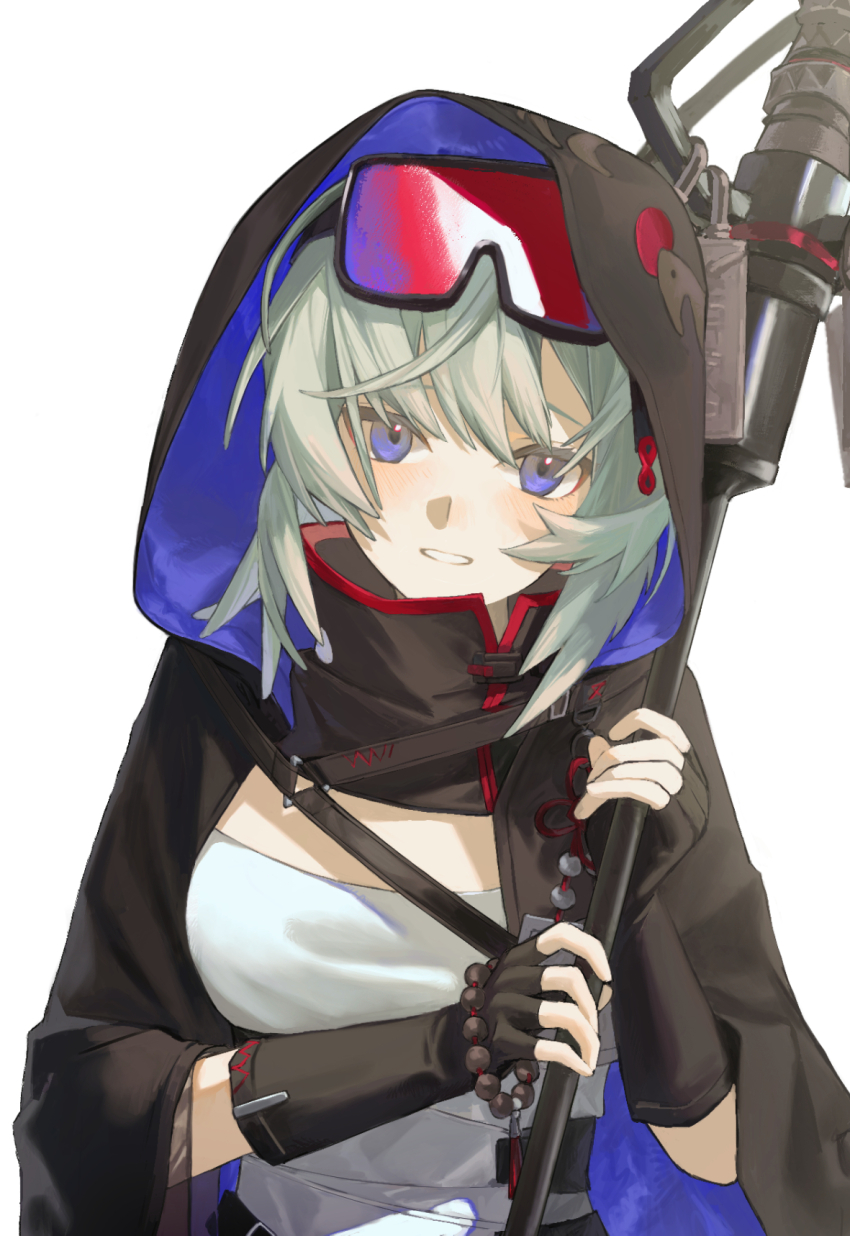 1girl, arknights, bead_bracelet, beads, black_cloak, black_gloves, blue_eyes, bracelet