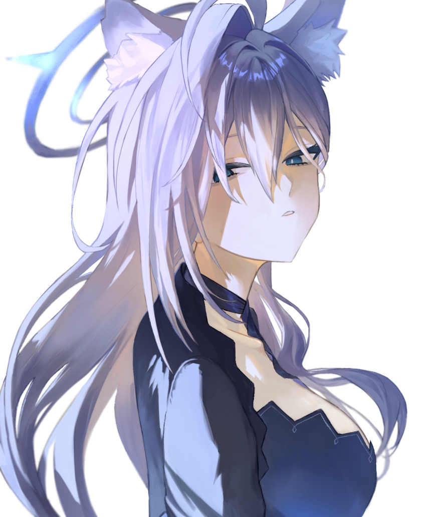 1girl, animal_ear_fluff, animal_ears, black_dress, blue_archive, blue_halo, breasts, commentary_request, dress, green_eyes, grey_hair, hair_between_eyes, halo, highres, kcge5433, large_breasts, long_hair, looking_at_viewer, parted_lips, portrait, shiroko_terror_(blue_archive), solo, wolf_ears