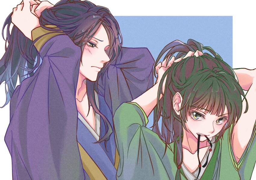 1boy, 1girl, arms_up, blue_background, blue_kimono, blush, closed_mouth, commentary, english_commentary, green_hair, green_kimono, highres, japanese_clothes, jinshi_(kusuriya_no_hitorigoto), kasurinjung, kimono, kusuriya_no_hitorigoto, maomao_(kusuriya_no_hitorigoto), ninaxi_sham, purple_hair, purple_kimono, sidelocks, simple_background, tying_hair, upper_body