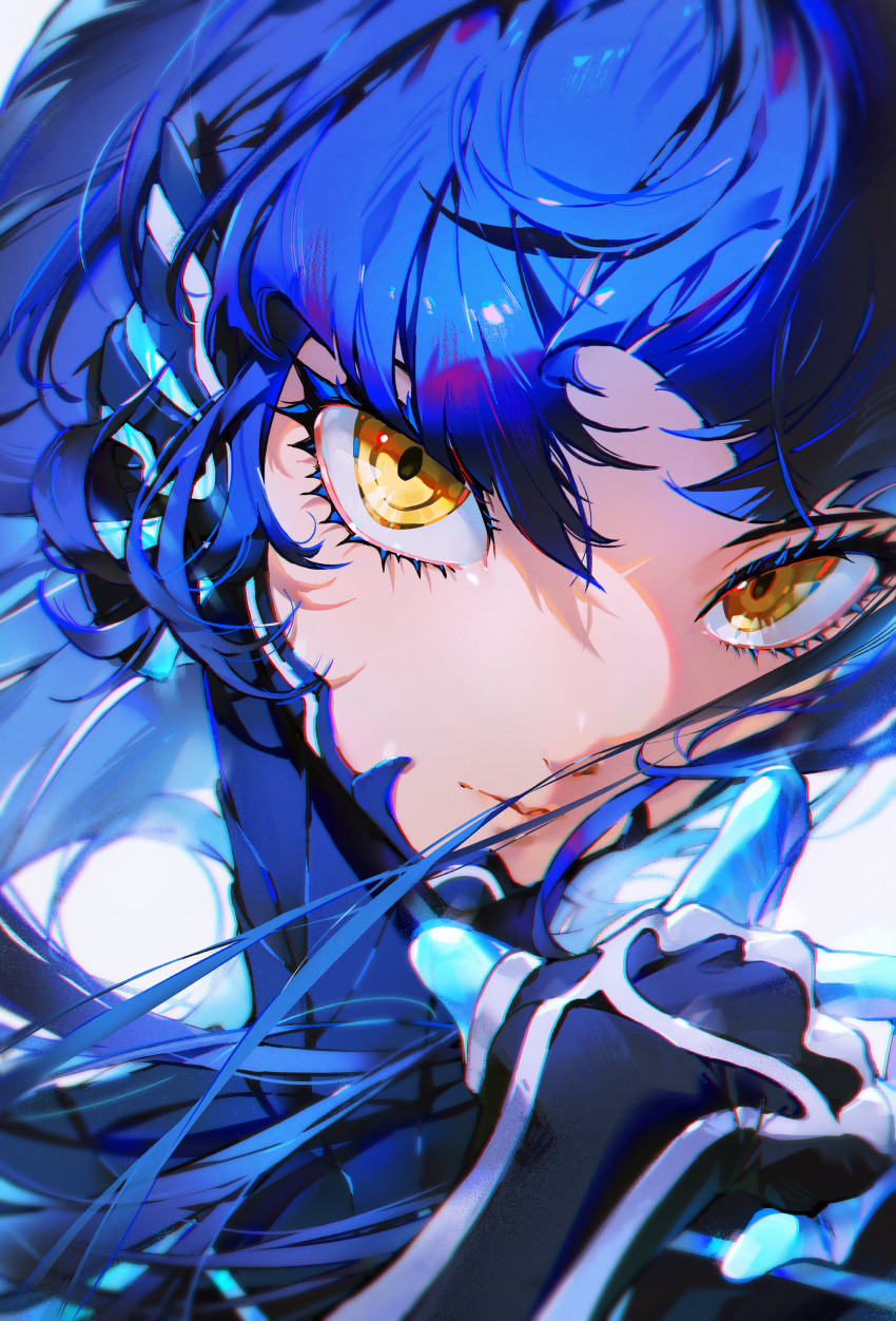 1boy, absurdres, androgynous, asymmetrical_hair, blue_hair, bodysuit, colored_eyelashes, commentary, eyelashes, gloves, highres, light_smile, lips, long_hair, looking_at_viewer, male_focus, portrait, protagonist_(aogami_nahobino)_(smtv), protagonist_(smtv), ringed_eyes, shin_megami_tensei, shin_megami_tensei_v, solo, themoonrabbit, thick_eyelashes, trap, very_long_hair, yellow_eyes