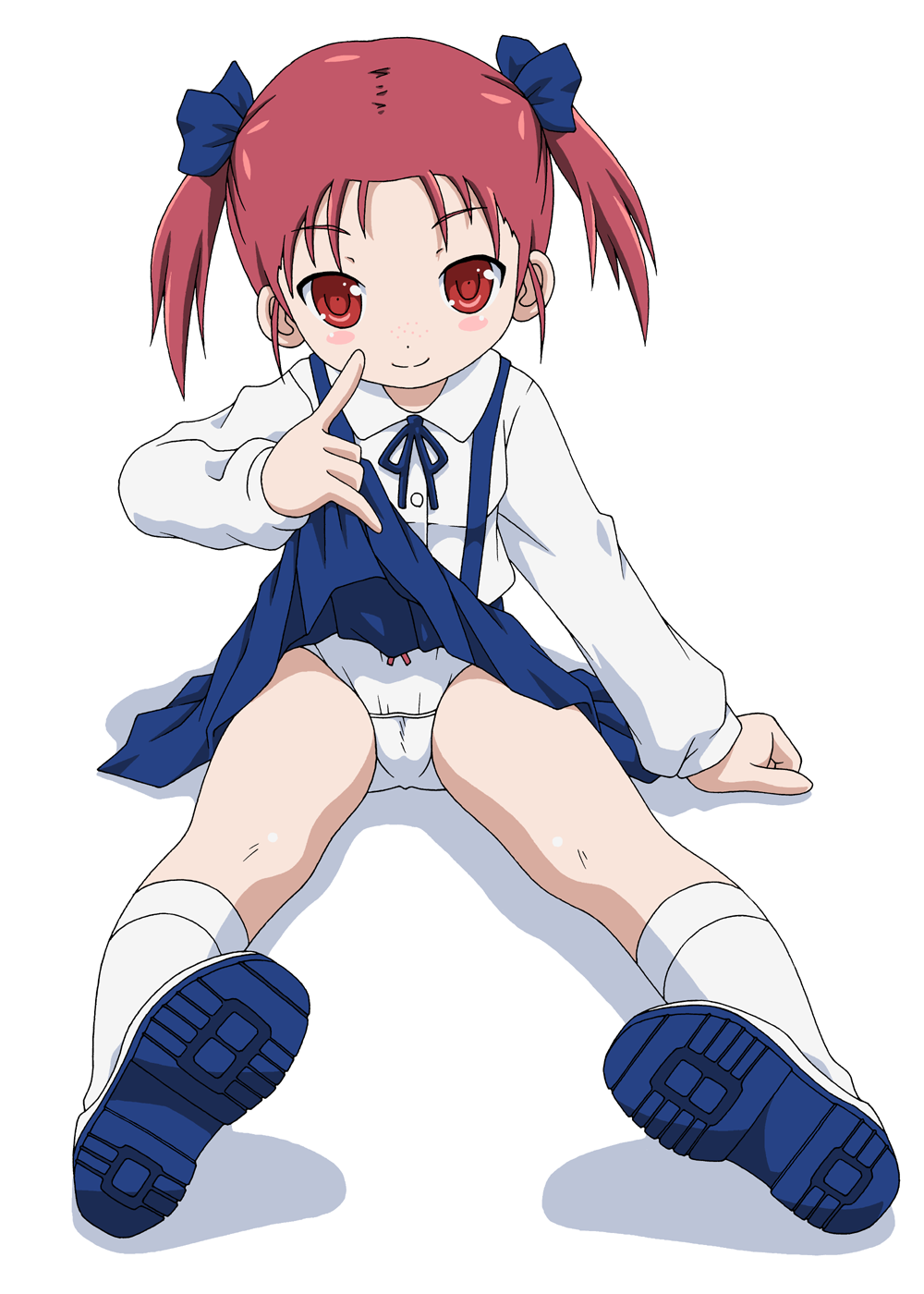 10s, 1girl, accel_world, arm_support, blue_ribbon, blue_skirt, blush, blush_stickers, bow, bow_panties, breasts, closed_mouth, clothes_lift, dot_nose, female_focus, freckles, full_body, hair_ribbon, highres, kouzuki_yuniko, lifting_own_clothes, loli, long_sleeves, looking_at_viewer, neck_ribbon, panties, red_bow, red_eyes, red_hair, ribbon, sakemasu, school_uniform, shirt, shoes, short_hair, short_twintails, simple_background, sitting, skirt, skirt_lift, small_breasts, smile, socks, solo, thighs, twintails, uncensored, underwear, uwabaki, white_background, white_panties, white_shirt, white_shoes, white_socks